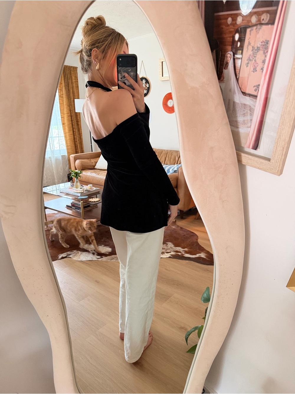 Off-Shoulder Black Velvet Tunic Top with Halter Neck